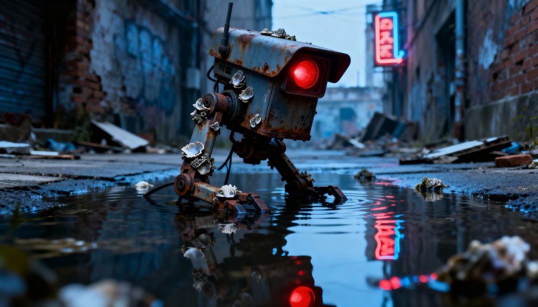 Rusted tripod robot barnacled and standing in wet alley reflecting red lens and neon signage