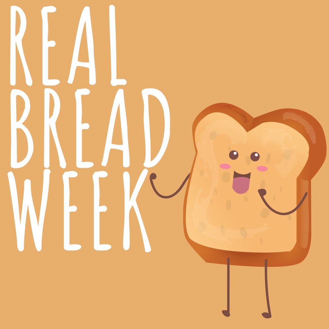 Cartoon Bread Slice Celebrating Real Bread Week on Brown Background