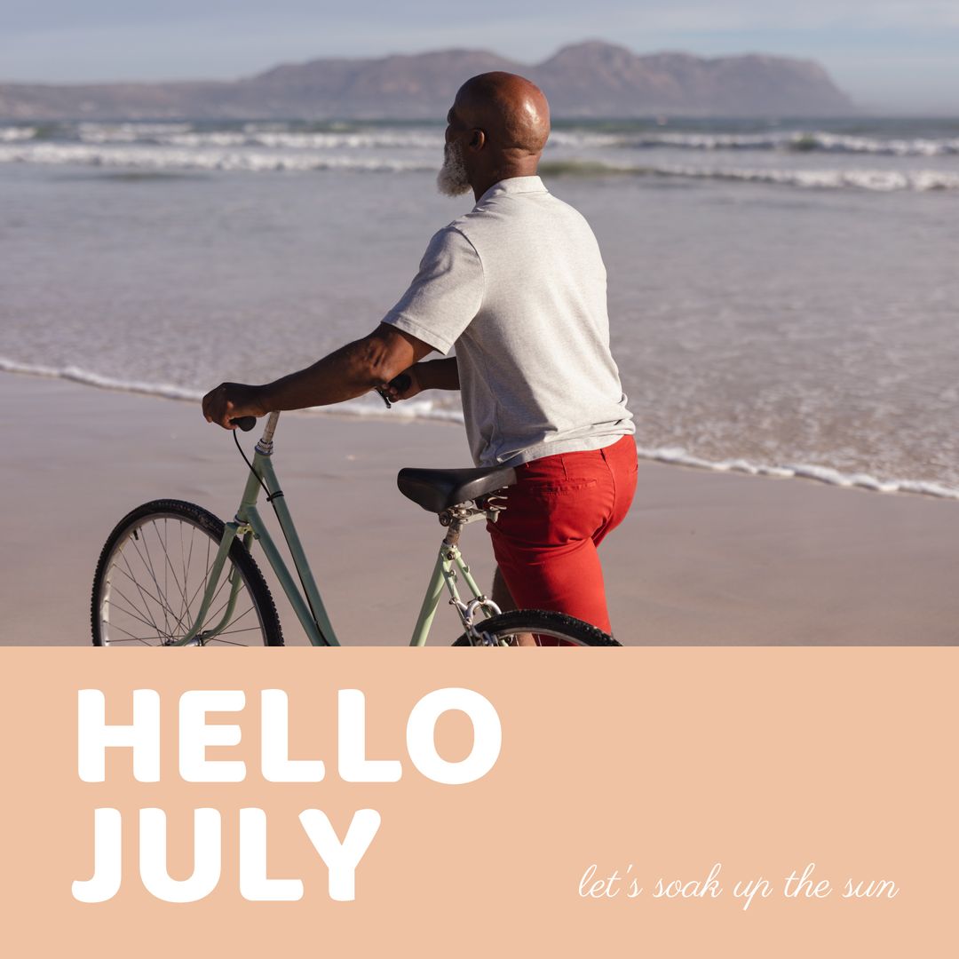Active Senior Man with Bicycle on Sunny Beach in July