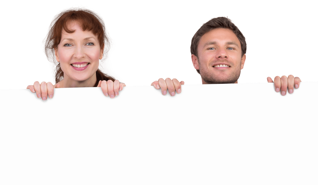 Smiling Couple Peeking Above Transparent Banner Background