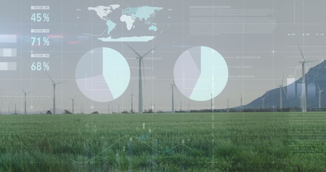 Renewable Energy Concept with Wind Turbines and Infographic Overlays