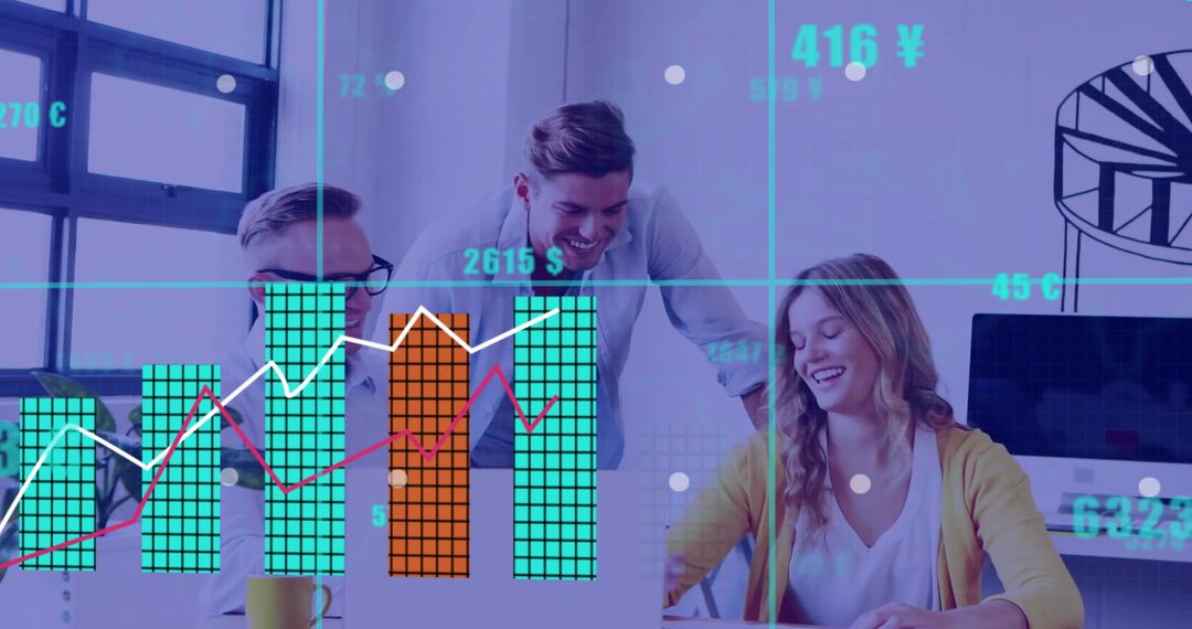 Business Team Discusses Graphs with Data Overlay for Analysis