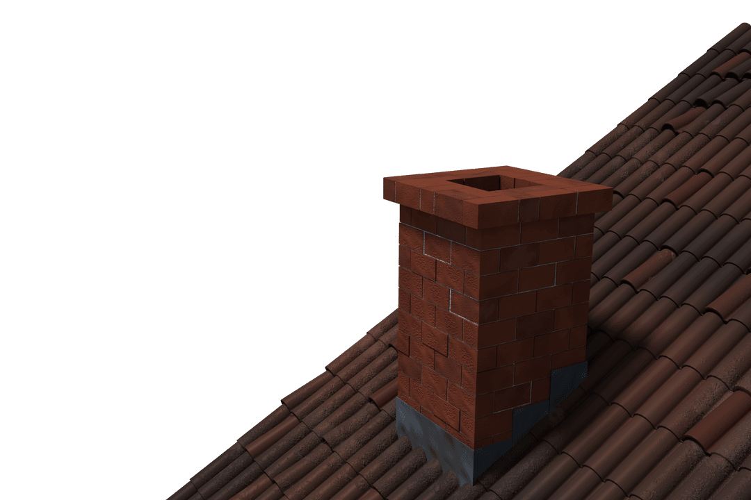 3D Red Brick Chimney on Red Tiled Roof with Transparent Background