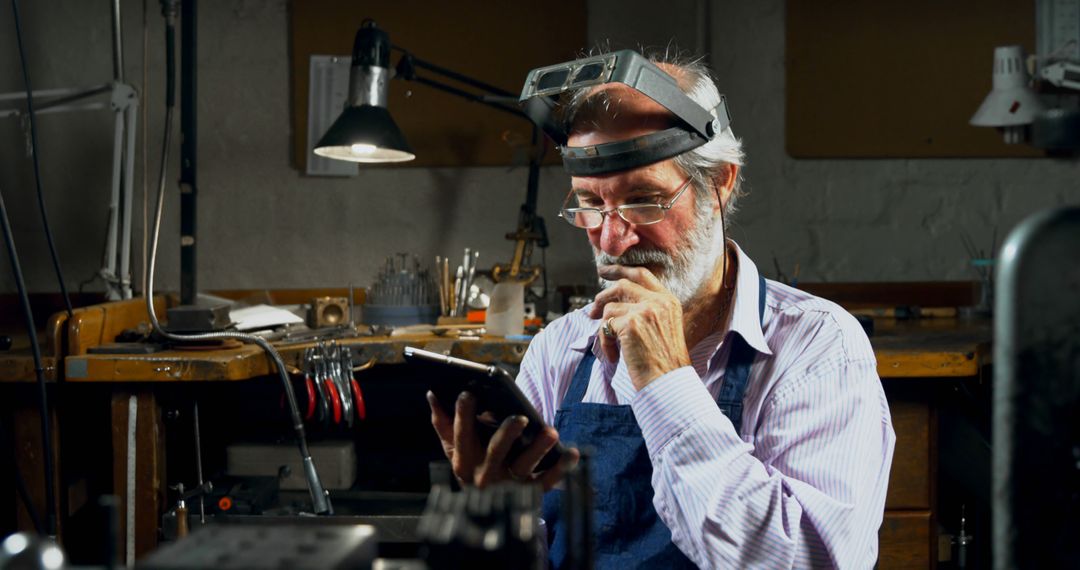 Senior Man Inspecting Tablet Computer in Workshop, Wearing Magnifying Glass - Free Images, Stock Photos and Pictures on Pikwizard.com