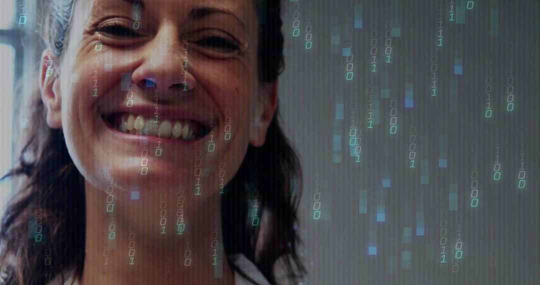 Smiling Woman with Digital Code Overlay for Innovative Technology Concept