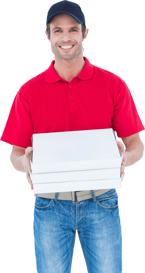 Transparent Delivery Man Holding Pizza Boxes Smiling