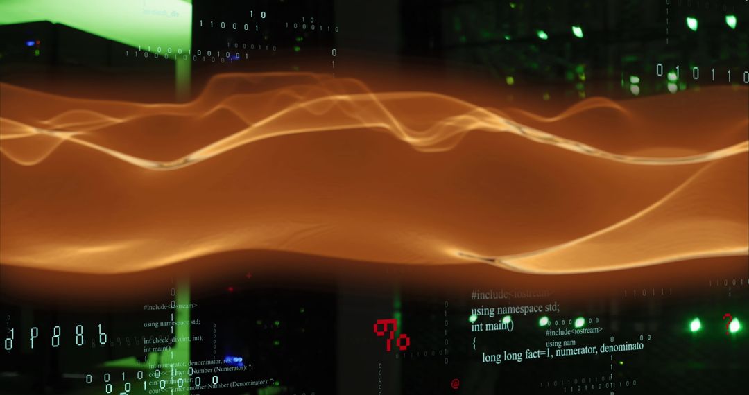 Digital Flow Over Server Room Illuminating Code and Data Stream