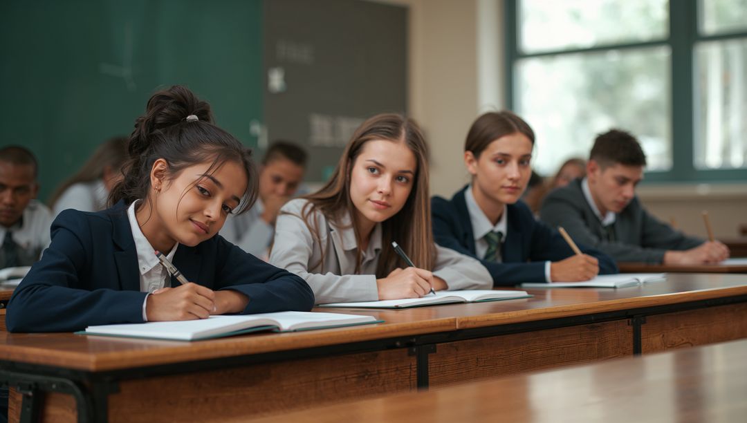 Diverse Teenagers in Classroom Taking Notes at Desks in Uniforms
