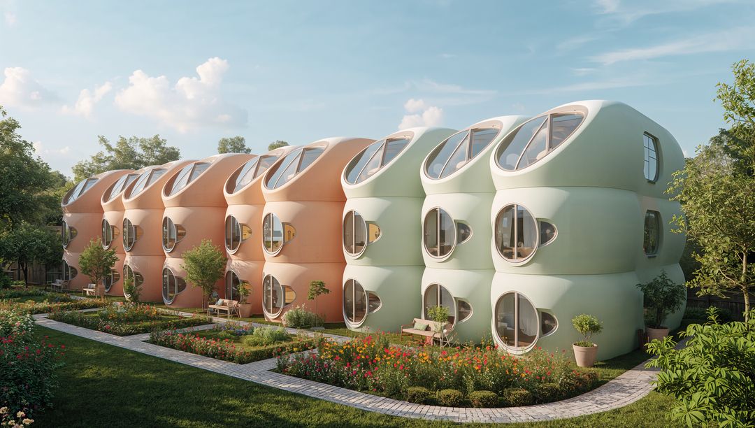 Modular Pastel Pod Housing Lining Courtyard with Porthole Windows and Oval Skylights