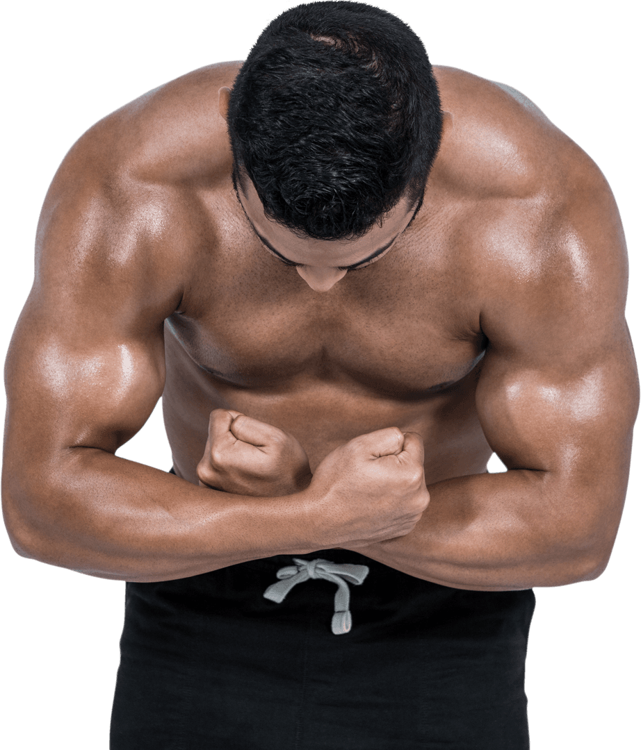 Muscular Man Flexing Biceps Against Transparent Background