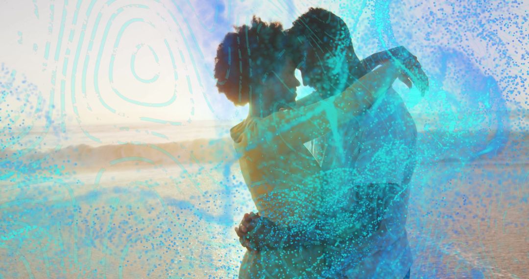 Romantic Embrace at Beach with Artistic Abstract Overlay