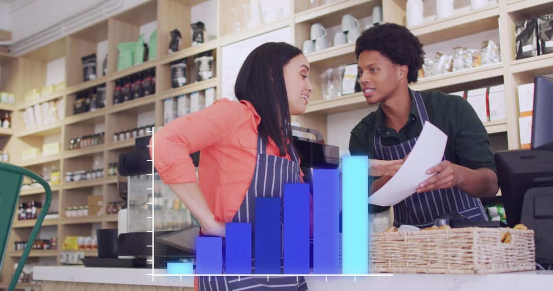 Diverse Retail Workers Analyzing Data with Digital Graph Overlay