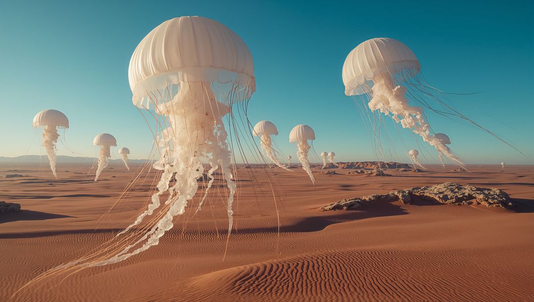 Surreal Float of Jellyfish-Like Structures over Desert Dunes