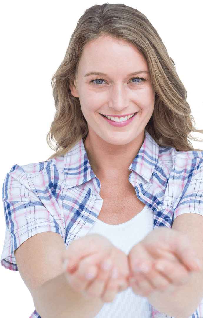 Smiling Woman Presenting Hands, Transparent Background Image
