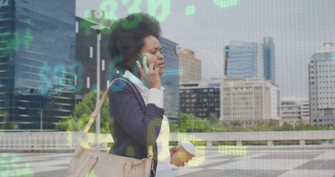 Businesswoman on Phone Call in Modern Urban Area with Stock Market Graphics - Free Images, Stock Photos and Pictures on Pikwizard.com