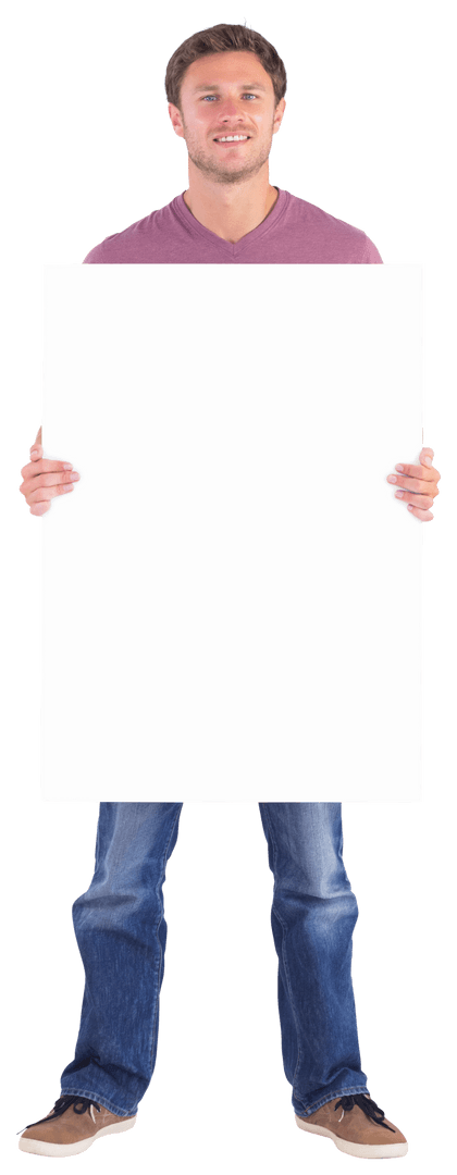 Man Holding Transparent White Sign Isolated Background