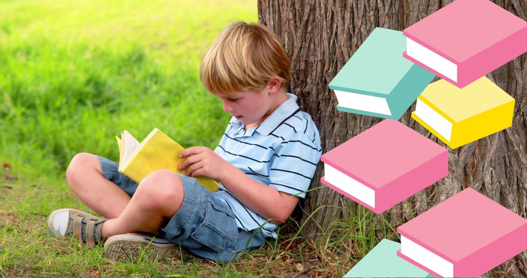 Young Boy Reading Book by Tree Surrounded by Colorful Book Graphics