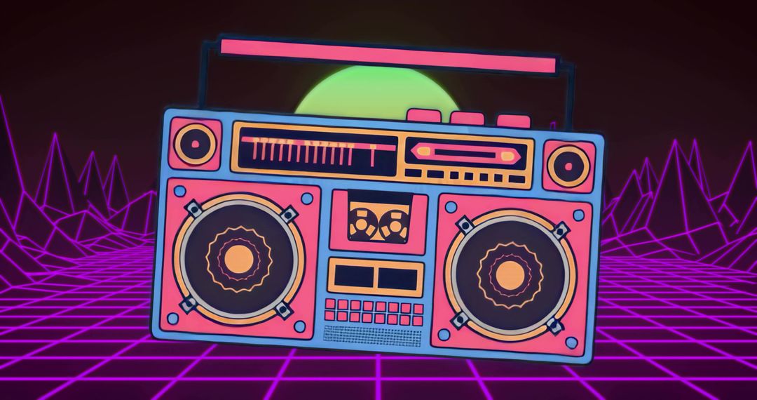 Retro Boombox Over Neon Grid with Wireframe Mountains