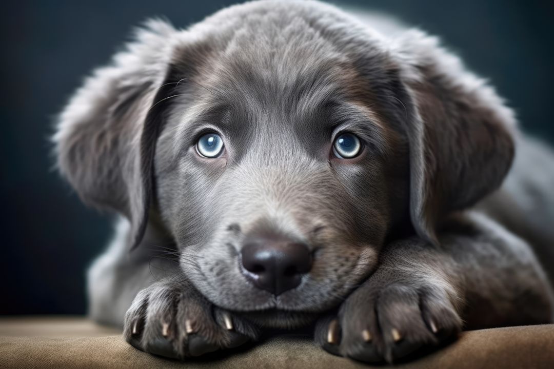 Portrait of cute grey puppy with blue eyes lying on sitting, created using generative ai technology - Free Images, Stock Photos and Pictures on Pikwizard.com