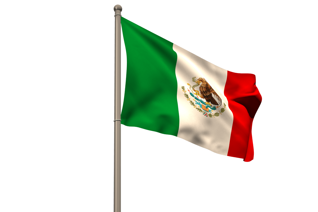 Transparent Mexican Flag Waving on Metallic Flagpole