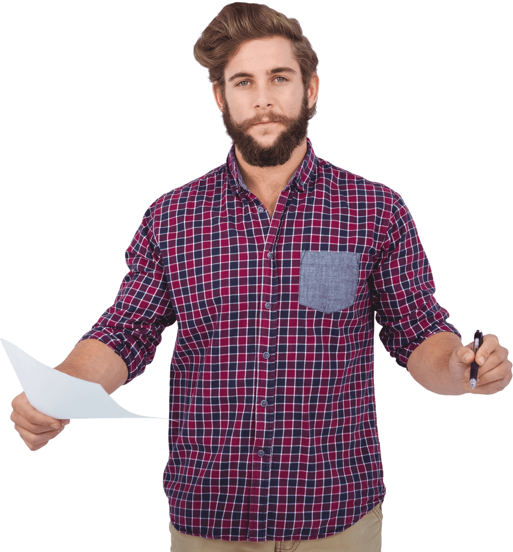 Transparent Confident Hipster Holding Paper and Pen