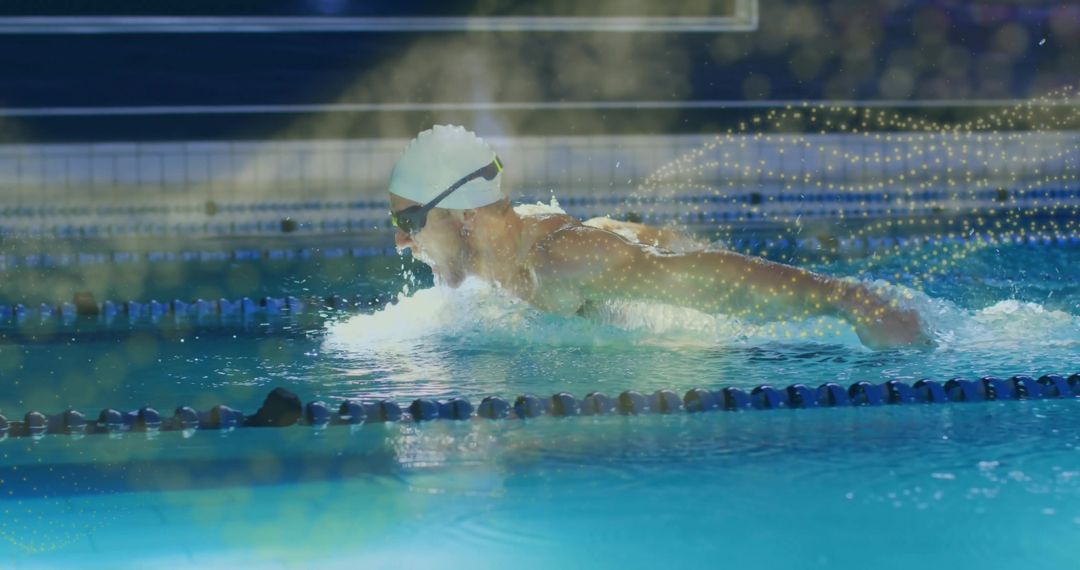 Athlete Performing Butterfly Stroke in Vibrant Competition Pool