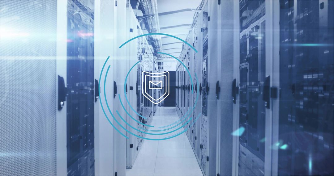 Cybersecurity Icon Floating in Data Center Corridor