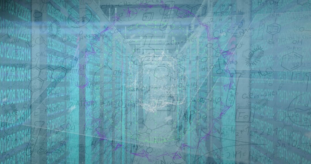 Futuristic Data Center Corridor with Holographic Overlays