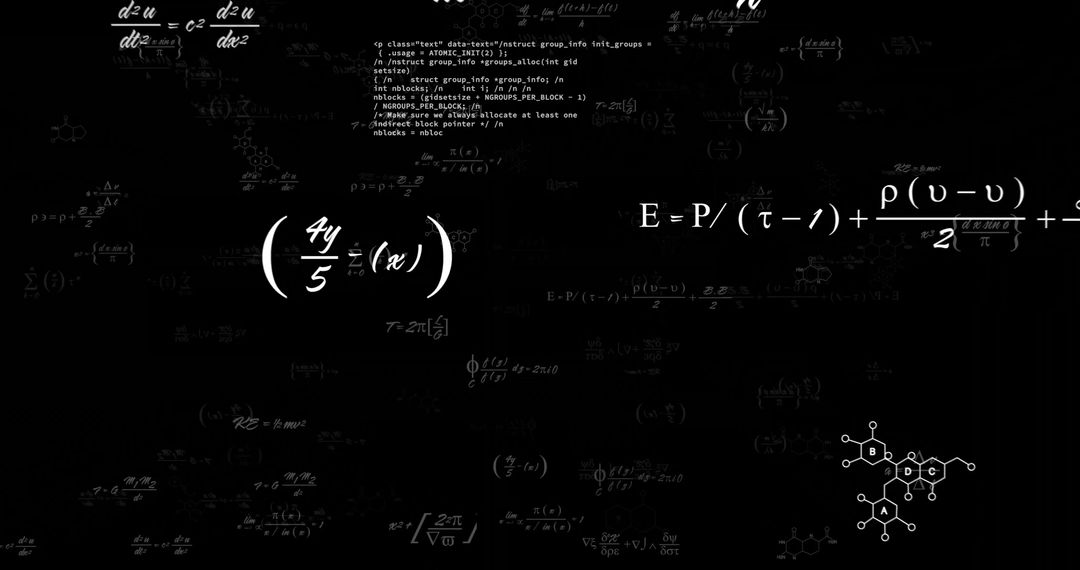 Complex Mathematical and Chemical Formulas on Black Background