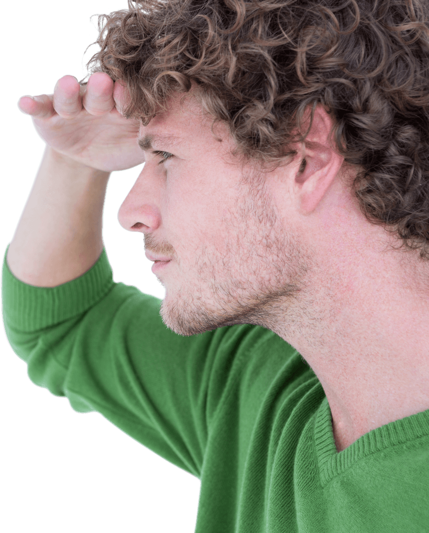 Curious Man Gazing into Distance with Hand on Forehead Transparent