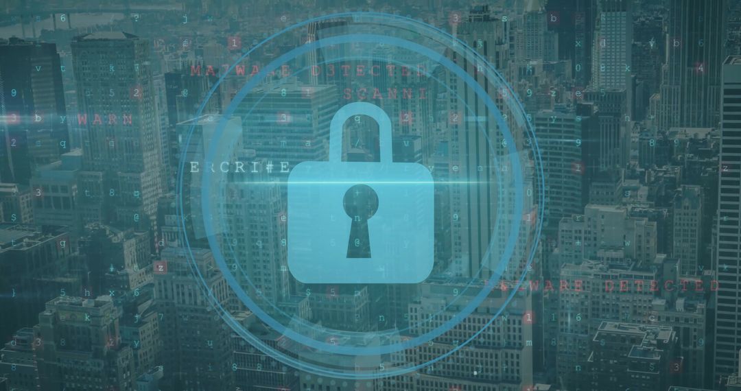 Cybersecurity Encryption Concept Over Urban Cityscape