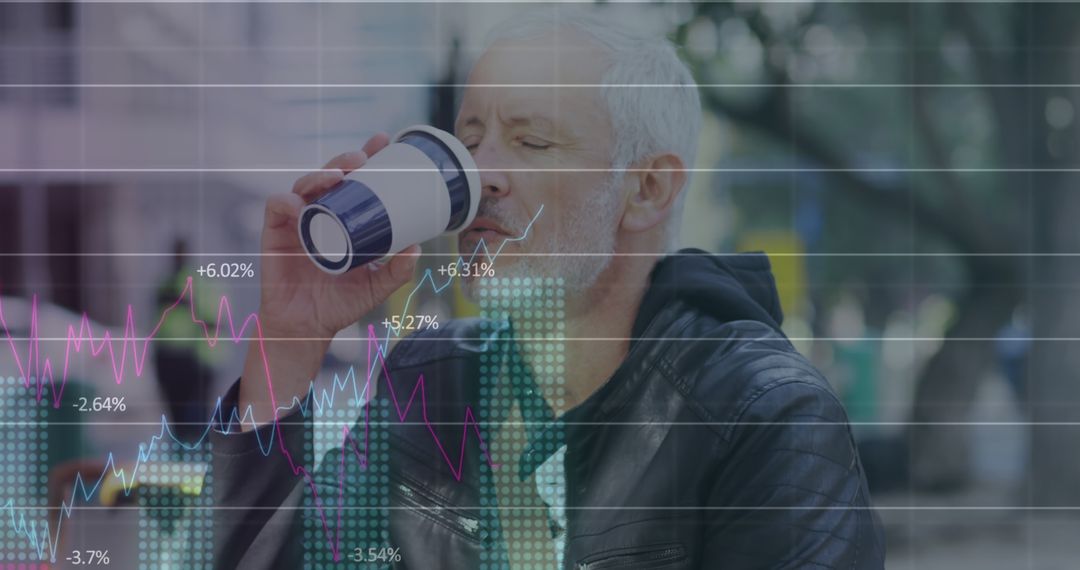 Technological Data Overlay on Senior Enjoying Coffee Outdoors