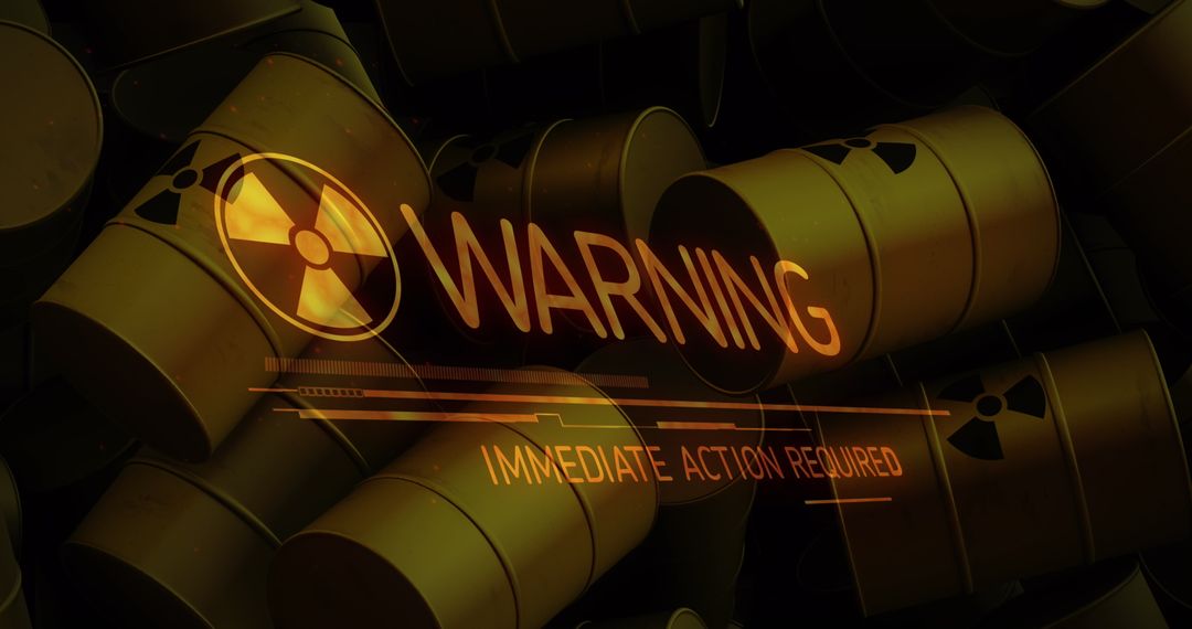Warning Sign Over Radioactive Barrels in Crisis Symbolism