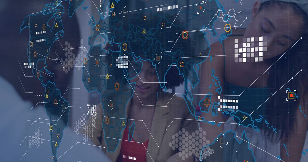 Analysts Collaborating Over Holographic World Map for Global Data Visualization