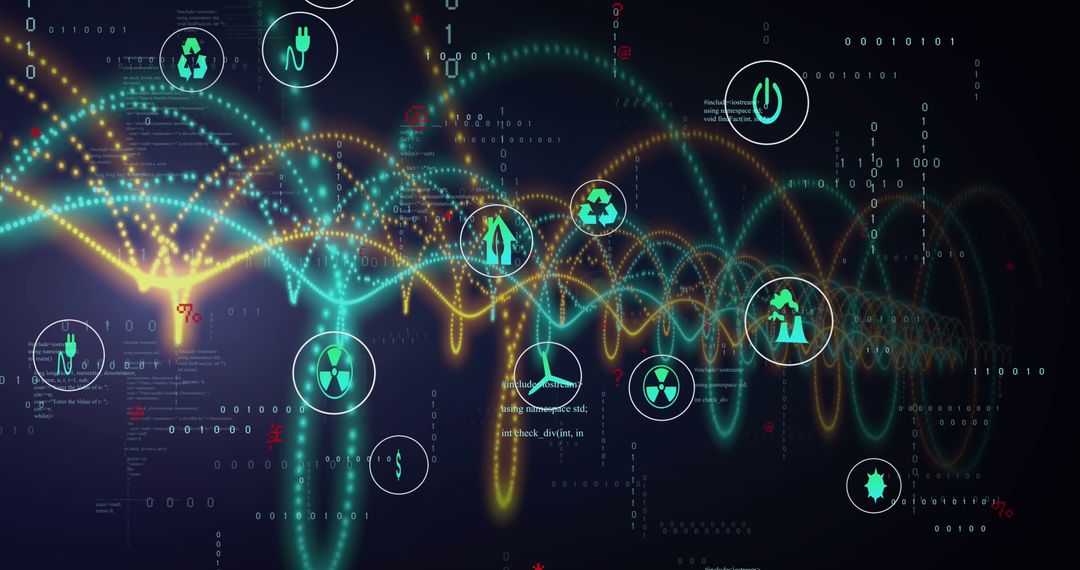 Futuristic Technology Icons with Digital Data Streaming