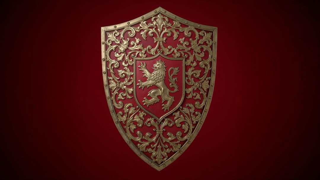 Ornate Heraldic Shield with Lion Motif on Red Background