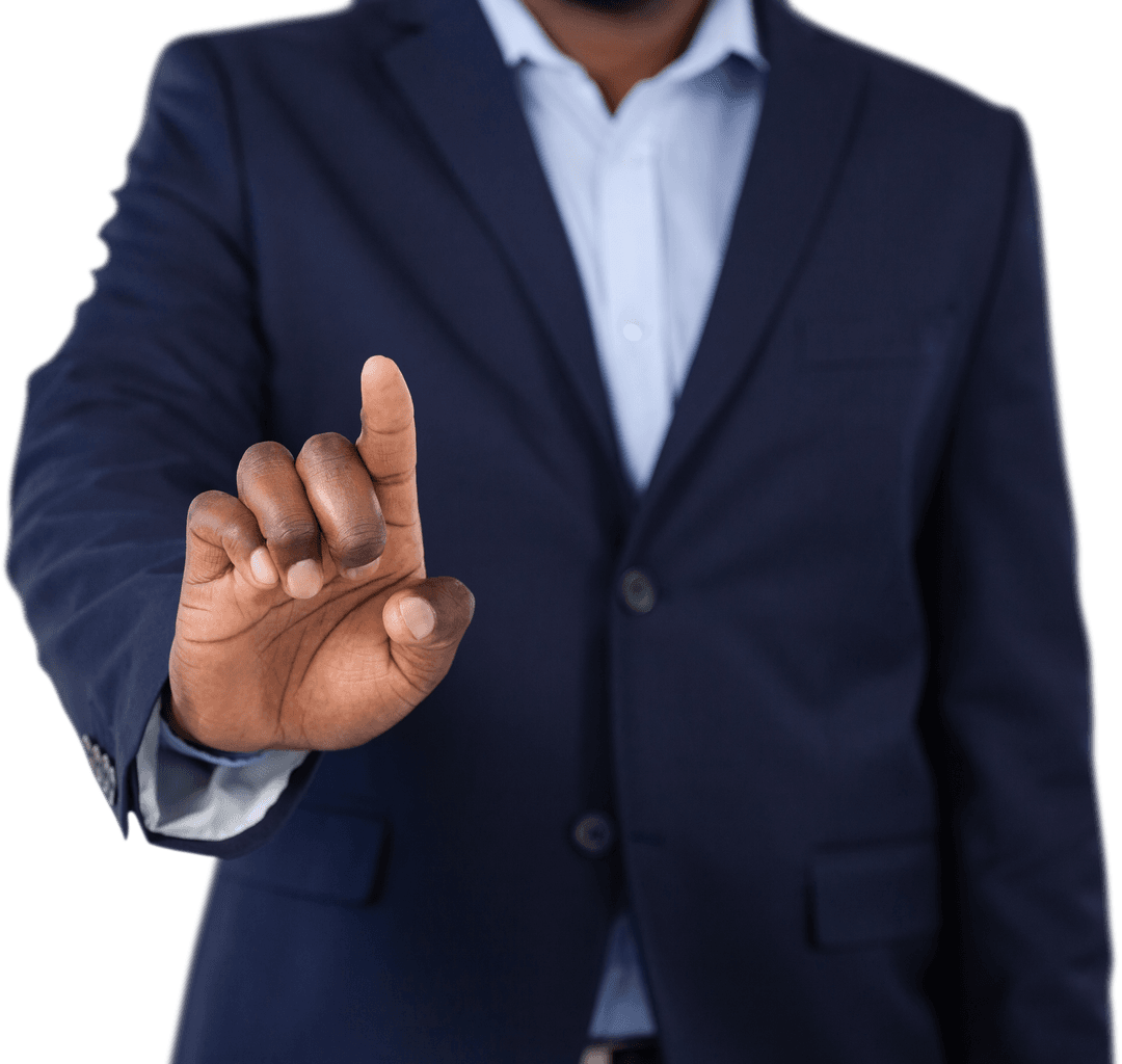 Businessman Pressing Transparent Virtual Interface in Suit