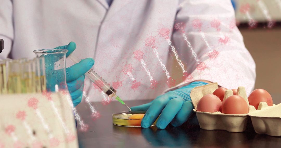 Scientist Injecting Substance in Egg with DNA Overlay in Laboratory