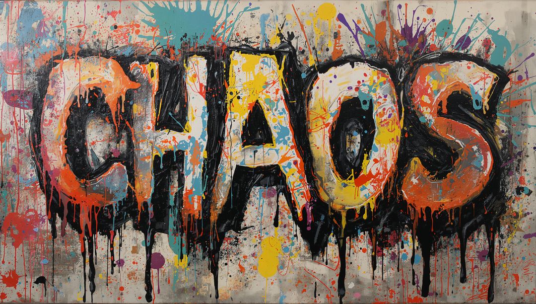 Bold CHAOS Typography Mural Showing Vibrant Paint Drips and Urban Splatter Texture
