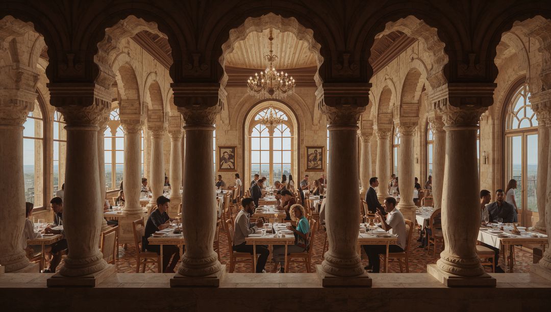 Opulent Palatial Dining Hall with Arched Columns and Chandeliers, Fine Dining Ambience