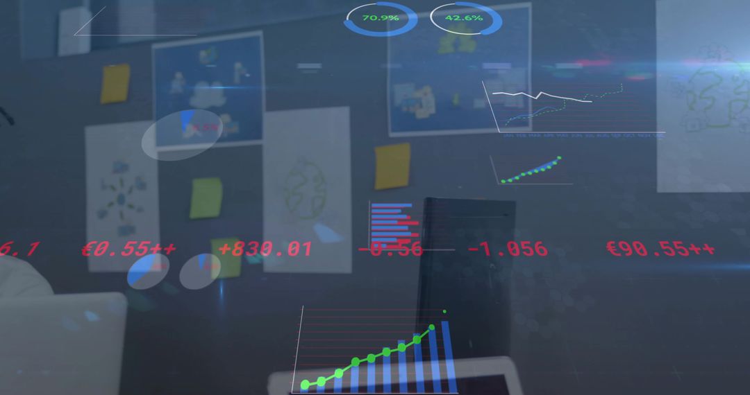 Futuristic Holographic Data Visualization Overlay in Conference Room with Sticky Notes