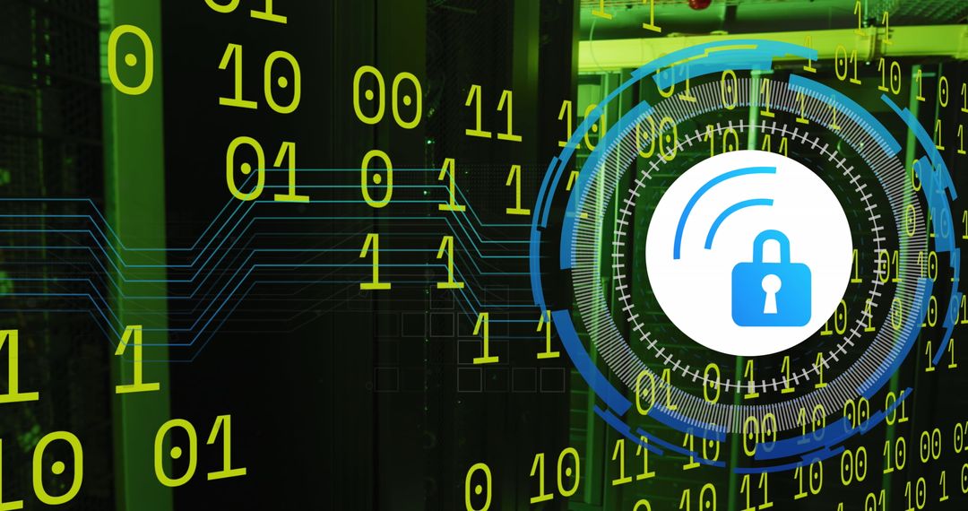 Data security icon with binary code in virtual server room