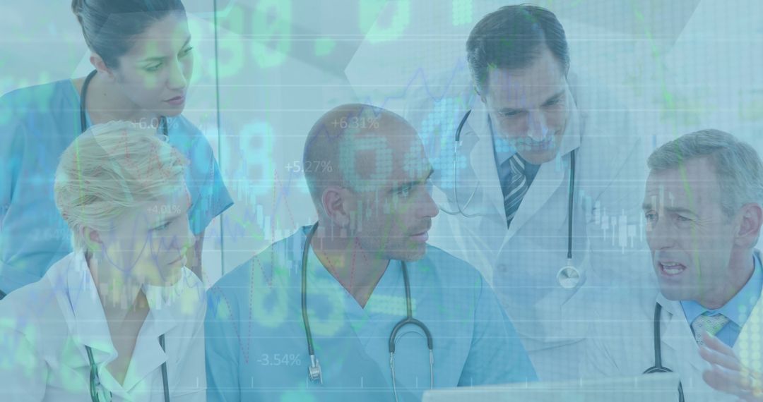 Medical team analyzing stock market trends for healthcare financing