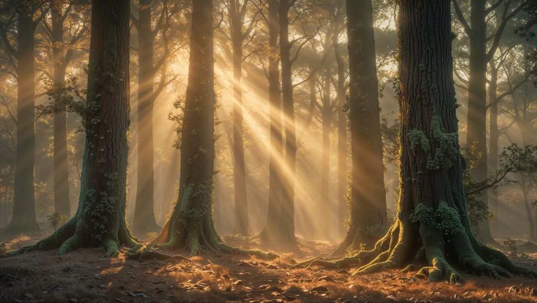 Serene Sunlit Forest With Moss-Covered Trees