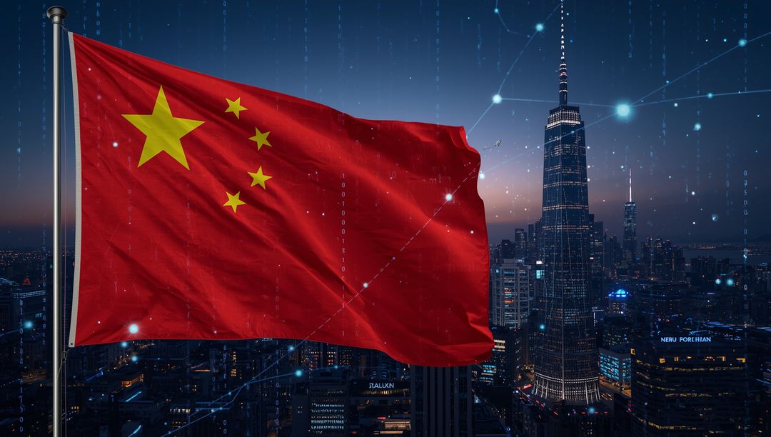 Chinese Flag Floating Over Modern Metropolis with Digital Connectivity Elements