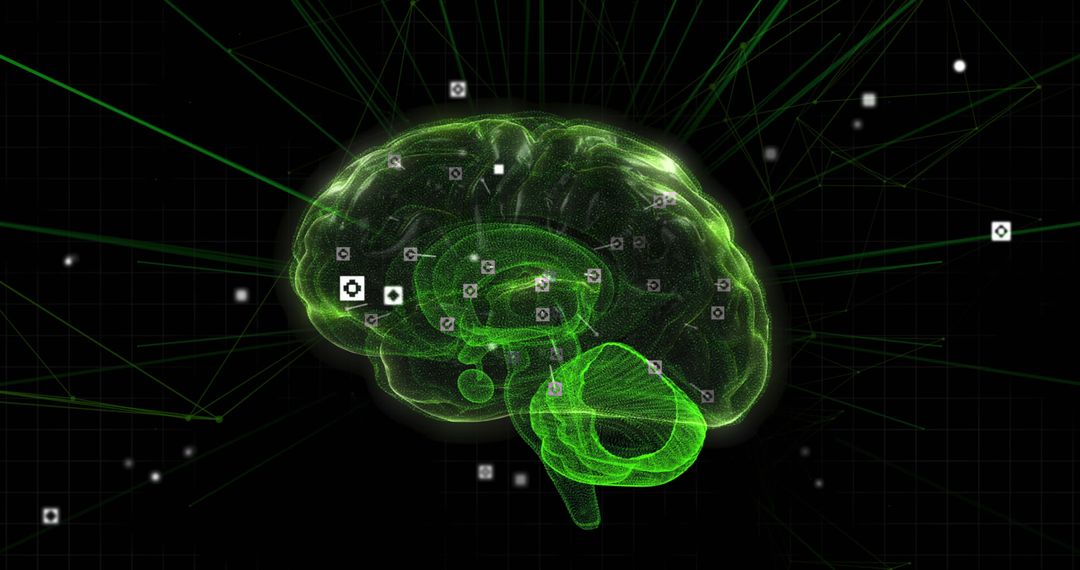 Digital Brain with Data Networks on Black Background