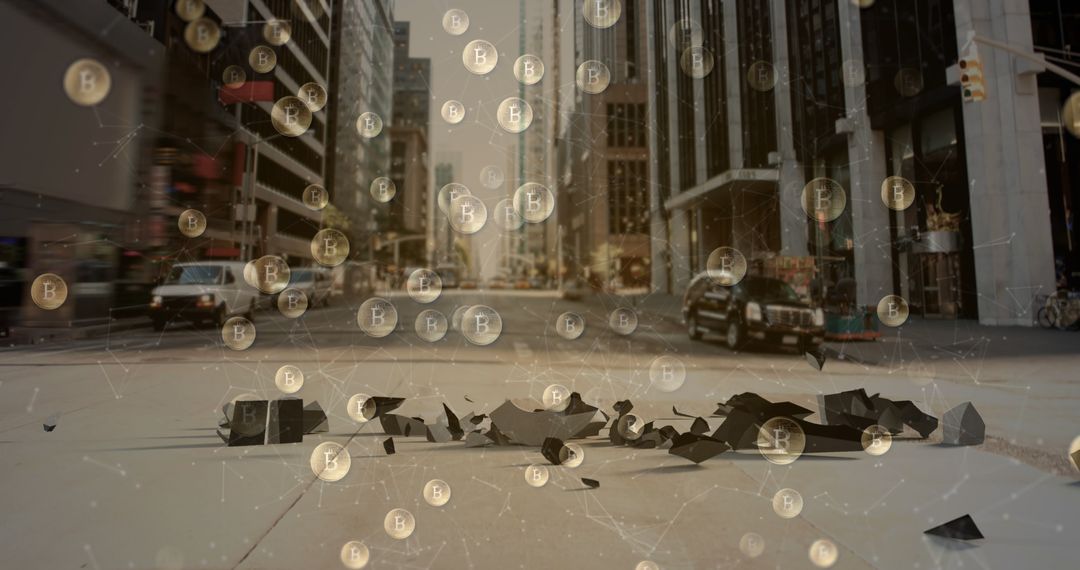 Crumbling Dollar Symbol with Floating Bitcoins in Urban Cityscape