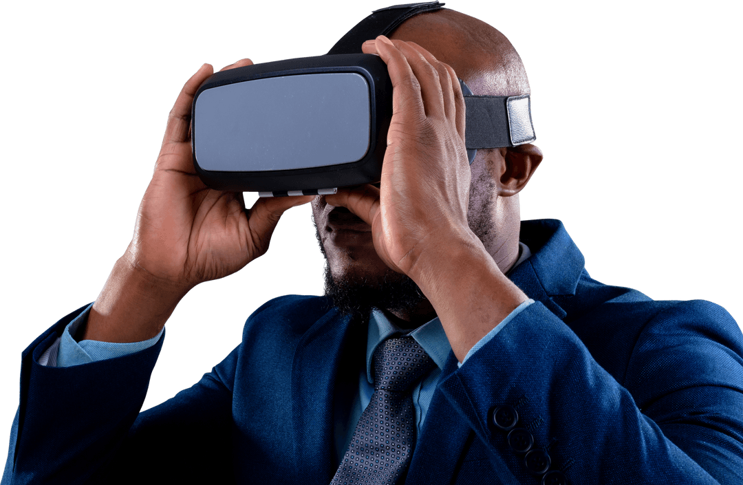 Businessman Engaging with VR Headset on Transparent Background
