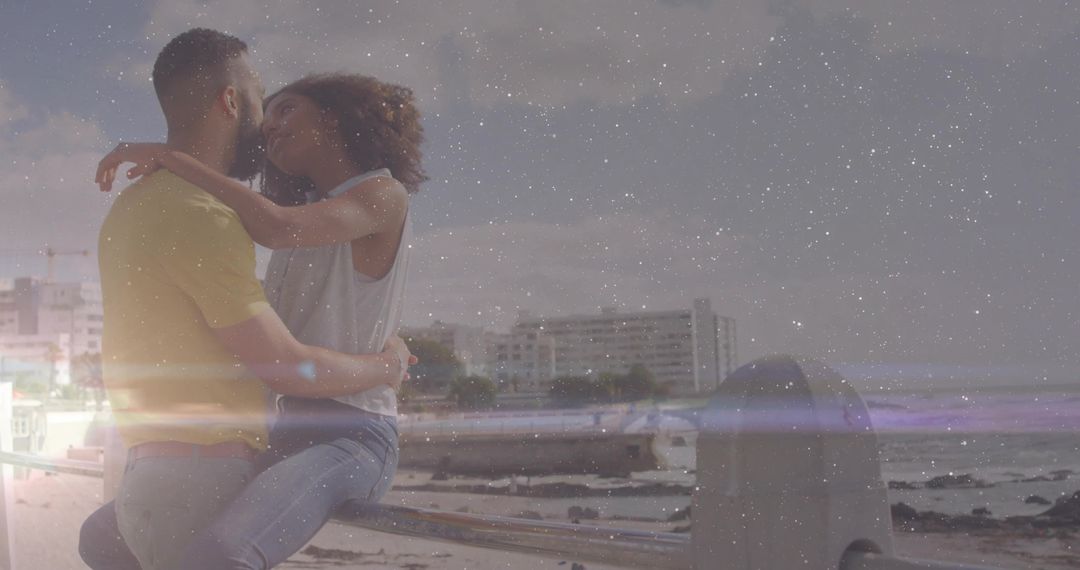 Romantic Couple Embracing on Seaside Railing at Waterfront
