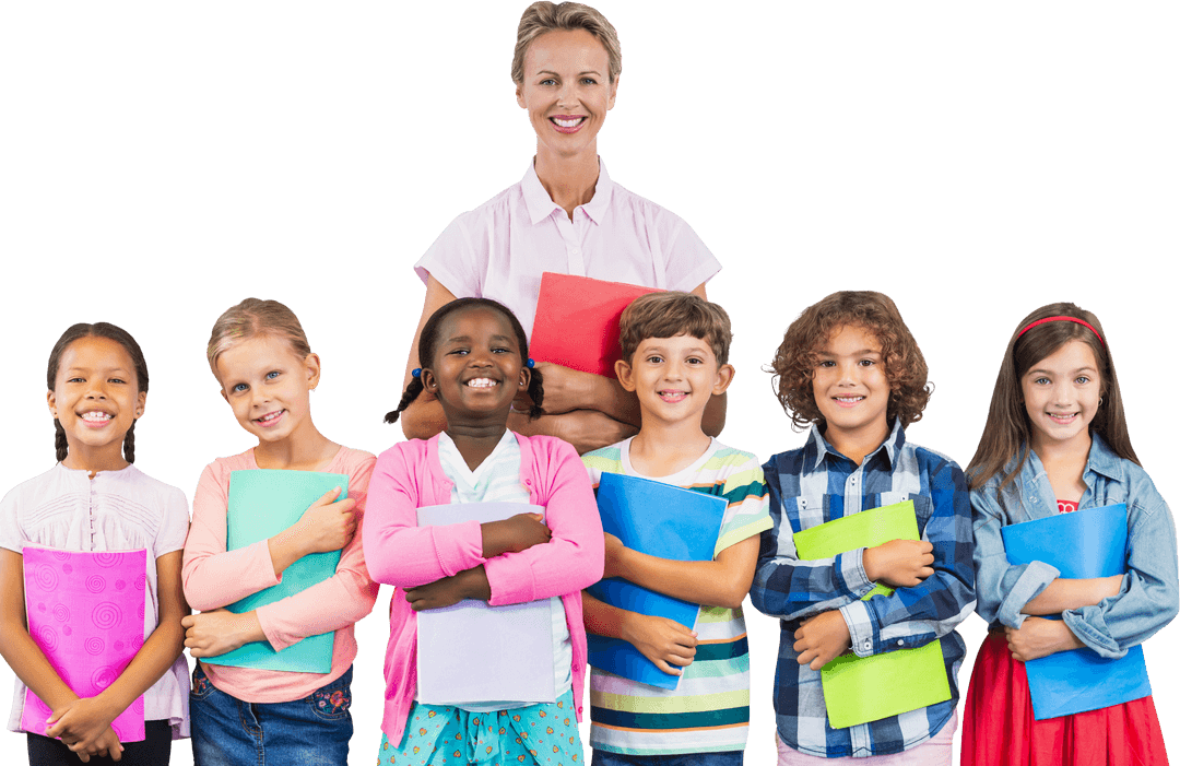 Diverse Group of Happy Students with Teacher Against Transparent Background